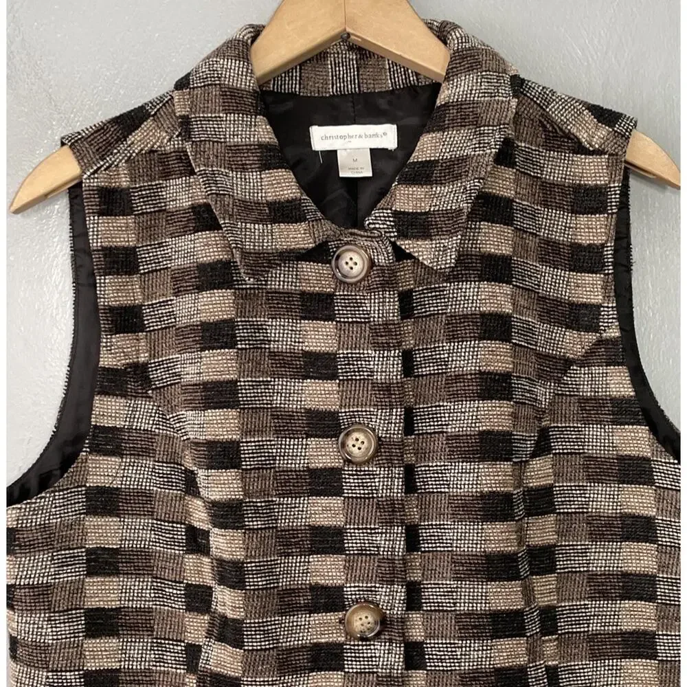 Christopher & Banks Vest Size Medium Tapestry Button Up Dark Academia Geometric